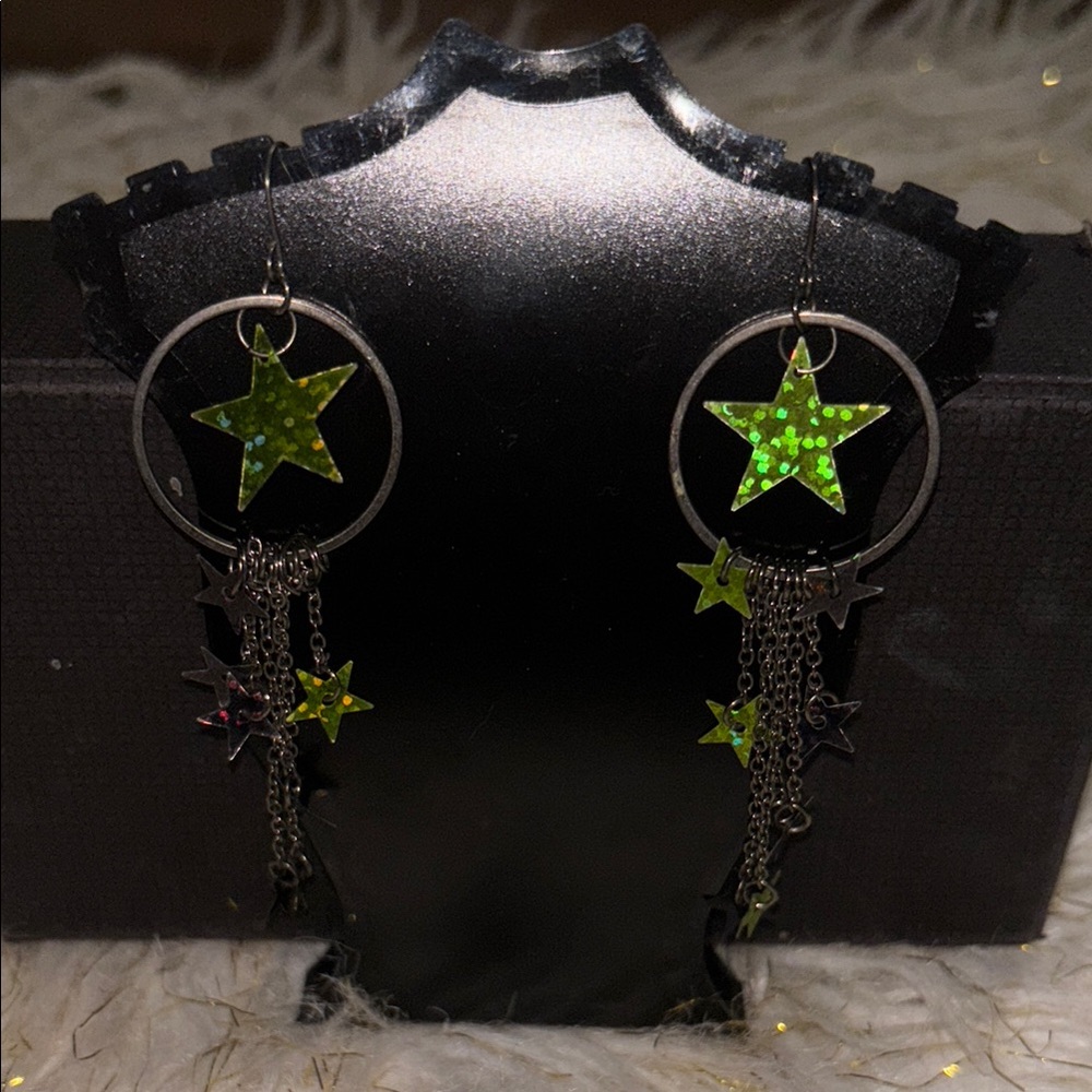 Starry Green and Silver Dangle Earrings